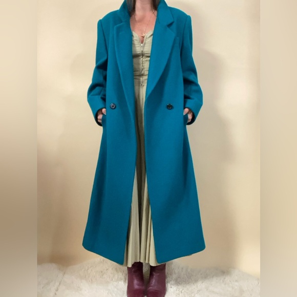 vtg 90s teal wool long coat - Picture 1 of 15